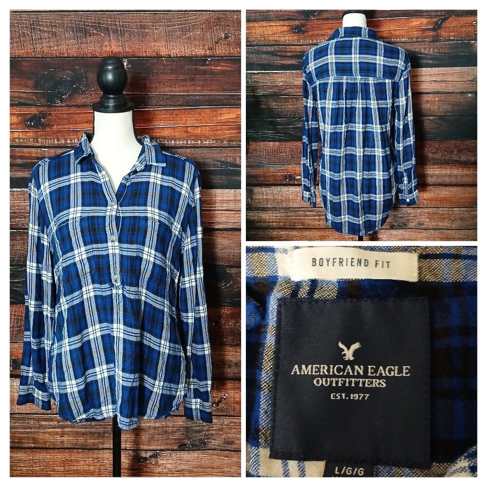 American Eagle Top L Boyfriend Fit Soft Viscose Flannel Blue Plaid